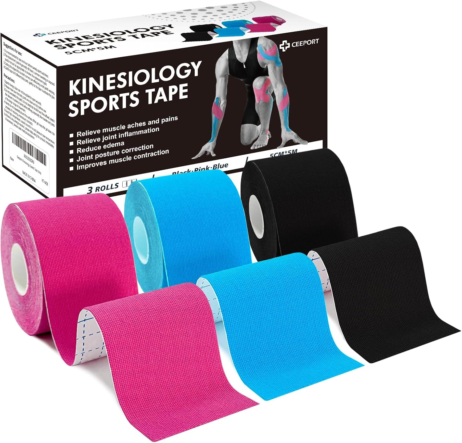 Ceeport Kinesiology Tape (5cm x 5m, 3 Roll) Elastic Muscle Sports Tape